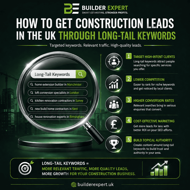 Professional square infographic explaining how to get construction leads in the UK through long-tail keywords, featuring SEO-focused strategies, keyword targeting examples, and lead-generation benefits for residential builders.