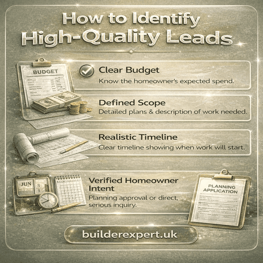 Infographic showing how to identify high-quality construction leads, including budget clarity, defined scope, timeline, and verified homeowner intent.