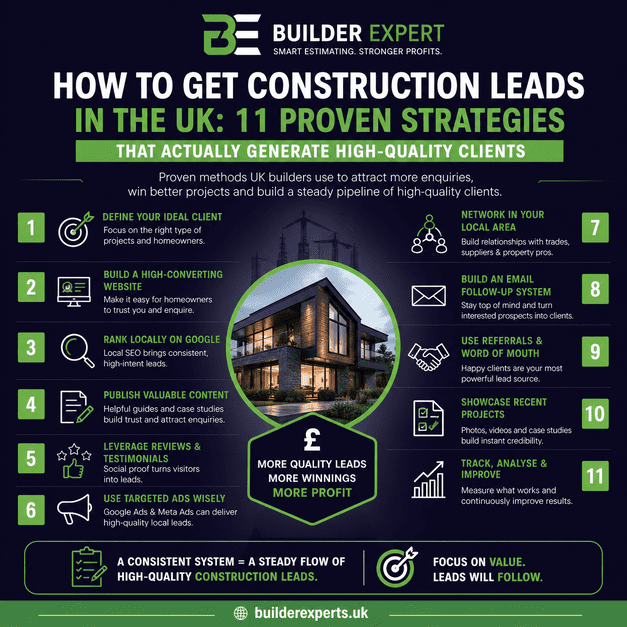 Professional infographic showing how to get construction leads in the UK with 11 proven strategies for residential builders, including SEO, local visibility, trust building, and lead generation methods.
