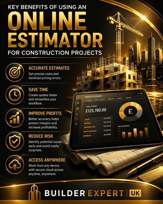 Key Benefits of Using an Online Estimator for Construction Projects infographic showing Builder Expert software, gold construction visuals, and the main benefits for modern builders.