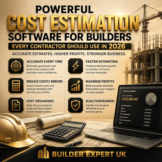 Powerful cost estimation software for builders infographic showing accurate estimates, faster quoting, reduced errors and higher profits in construction projects