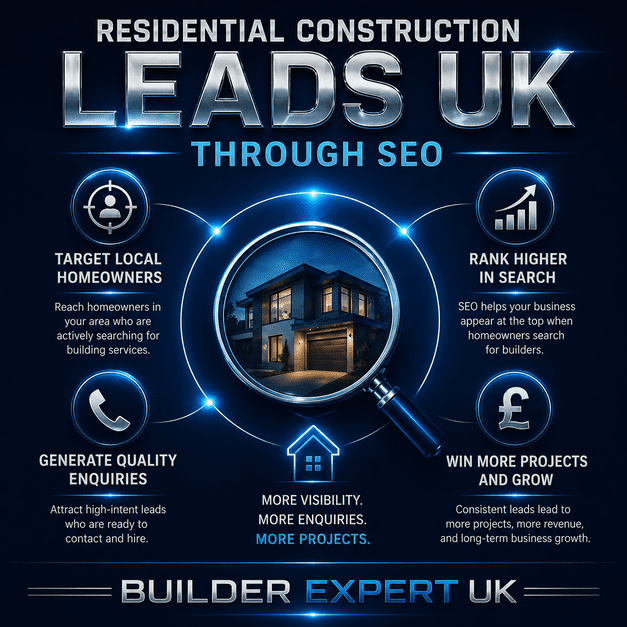 Professional square infographic explaining residential construction leads UK through SEO, featuring dark navy-blue visuals, premium metallic typography, and key strategies for increasing visibility, enquiries, and residential project opportunities.