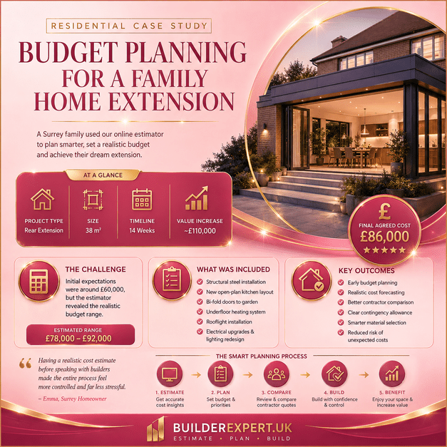 Residential case study infographic showing budget planning for a family home extension with pink and gold design, UK building costs, project timeline, and BuilderExpert.uk branding.