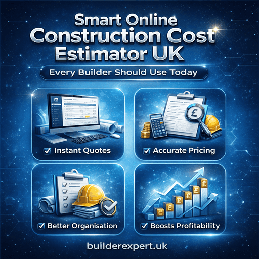 Online construction cost estimator UK infographic showing instant quotes accurate pricing and improved profitability for builders