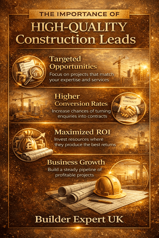Infographic showing the importance of high-quality construction leads with key benefits such as targeted opportunities, higher conversion rates, maximised ROI, and business growth, designed in gold and ochre tones with professional construction visuals and Builder Expert UK branding.
