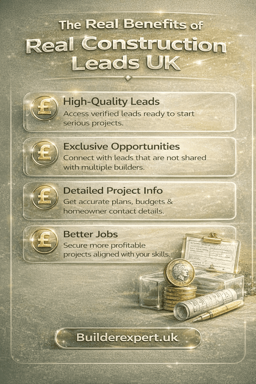 Infographic showing the real benefits of real construction leads UK, including high-quality leads, exclusivity, better projects, and detailed project information.