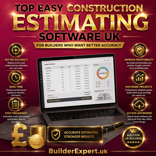 Infographic showing top easy construction estimating software UK for builders with features like better accuracy, faster quotes, cost control, and professional estimating tools in a pink and gold design