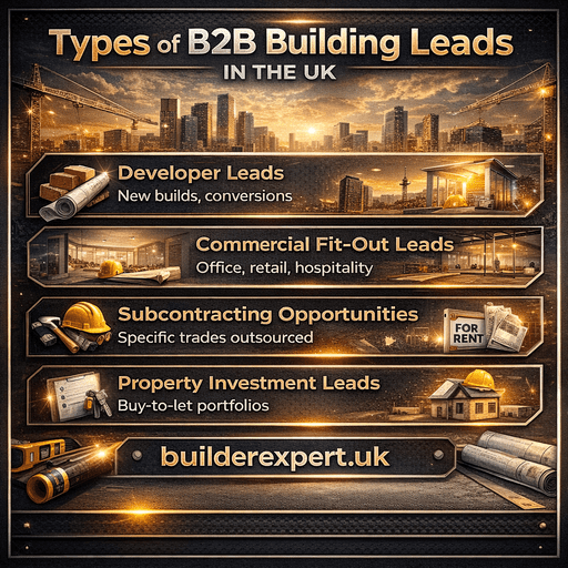 Types of B2B building leads UK infographic showing developer leads, commercial fit-out projects, subcontracting opportunities, and property investment construction work