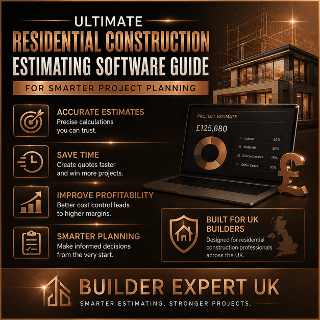 Copper-toned infographic for residential construction estimating software featuring UK building cost planning, project estimate visuals, professional construction graphics, and Builder Expert UK branding.