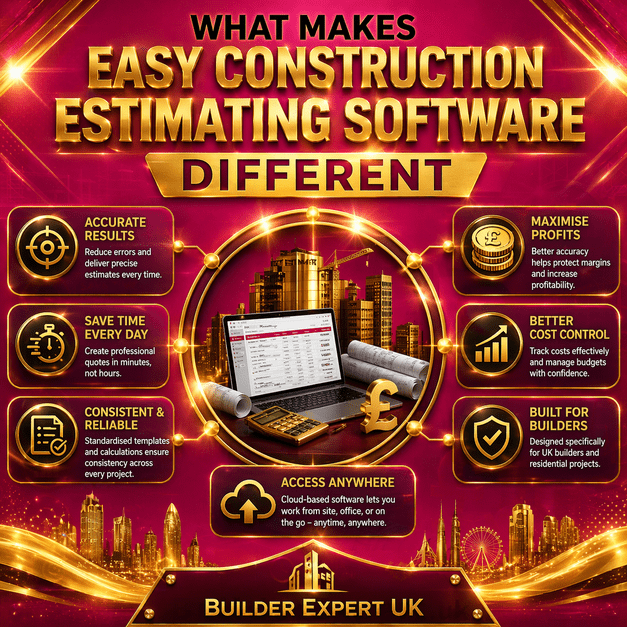 Infographic showing what makes easy construction estimating software different with gold icons, professional construction visuals, UK pound symbols, and benefits such as accuracy, cost control, and faster estimating