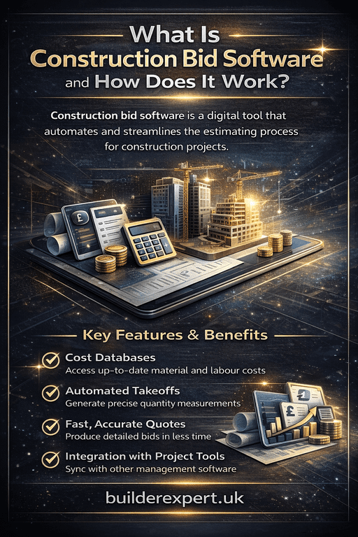 What_is_Construction_Bit_Software_50 Infographic explaining what construction bid software is and how it works, including features like automated takeoffs, cost databases, and fast accurate quotes in a professional blue and gold design