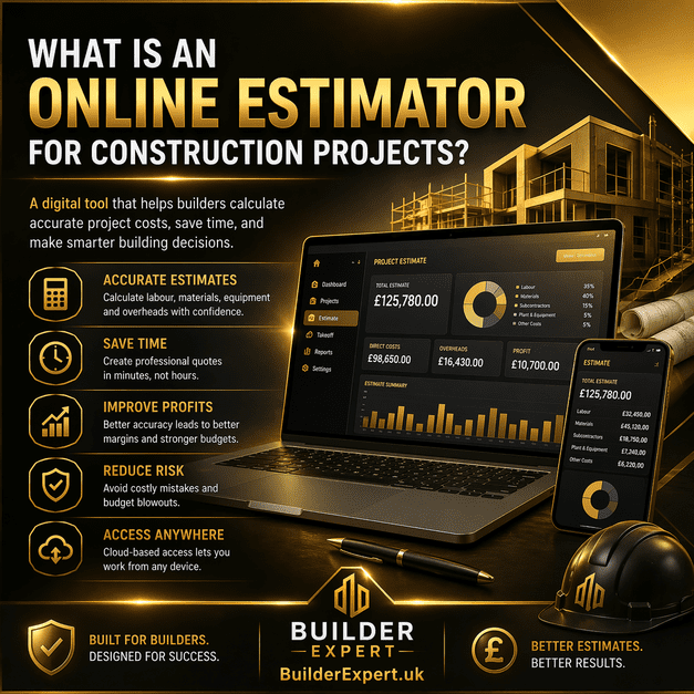 What Is an Online Estimator for Construction Projects infographic showing Builder Expert estimating software, cost planning tools, and key benefits for modern builders.