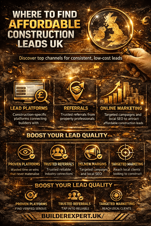 Where to find affordable construction leads UK infographic showing lead platforms, referrals, online marketing, and developer partnerships