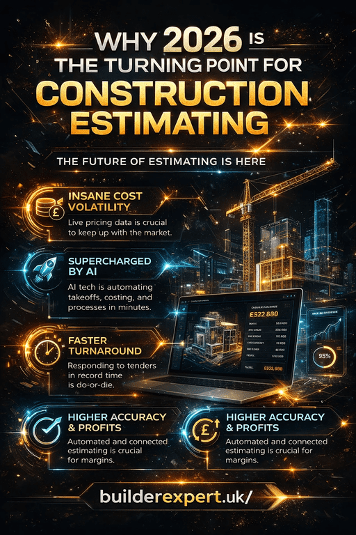 Why 2026 is the turning point for construction estimating infographic showing AI automation, cost volatility, faster project turnaround and improved accuracy and profitability