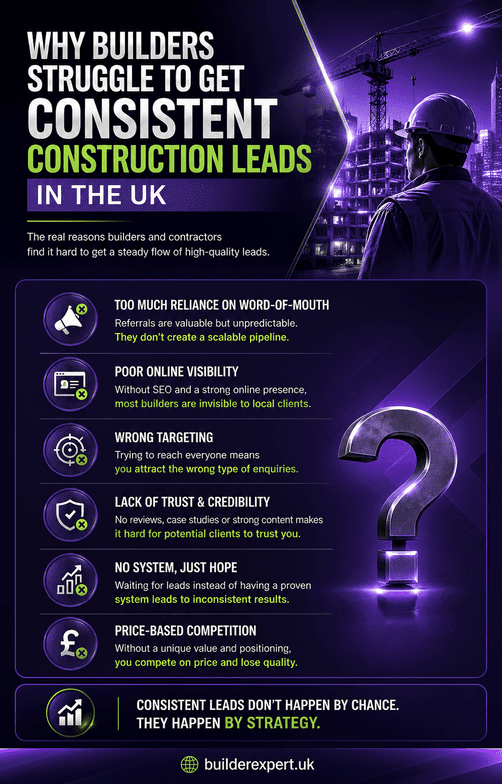 Professional vertical infographic explaining why builders struggle to get consistent construction leads in the UK, highlighting common issues such as poor visibility, lack of trust, weak targeting, and over-reliance on referrals.
