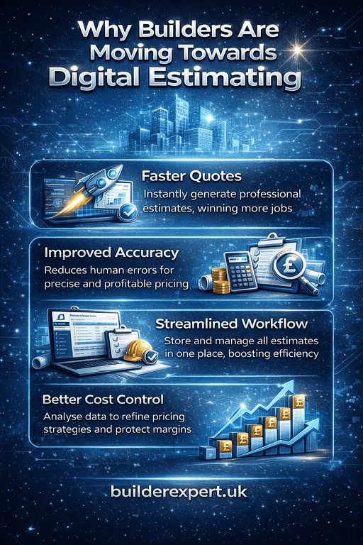 Why builders are moving towards digital estimating infographic showing faster quotes better accuracy and improved efficiency in construction