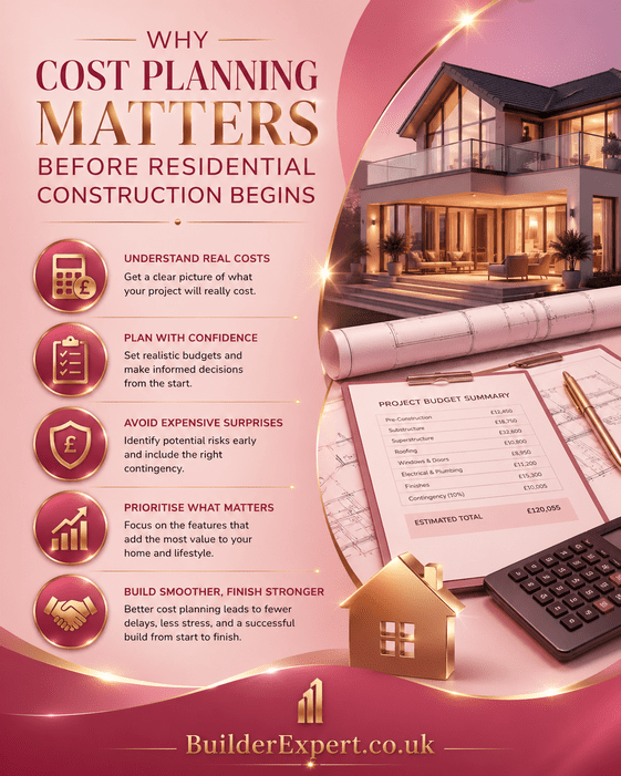 Vertical infographic in pink and gold tones explaining why cost planning matters before residential construction begins, featuring UK budgeting visuals, house imagery, and BuilderExpert.co.uk branding.