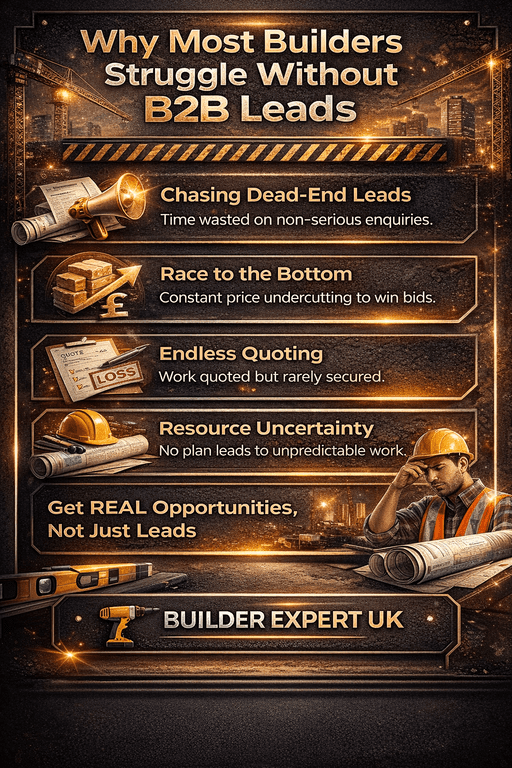 Why most builders struggle without B2B building leads UK infographic showing low-quality leads, price competition, wasted time, and inconsistent construction workflow