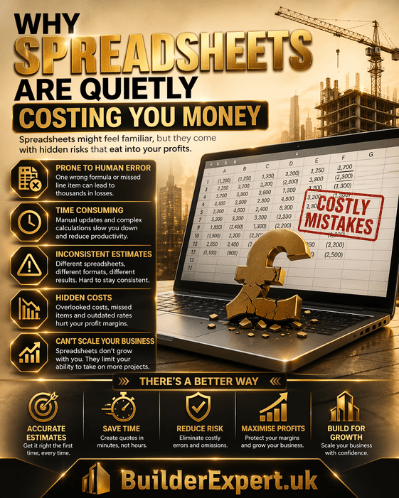 Why spreadsheets are quietly costing you money infographic showing errors, hidden costs, time loss and reduced profit margins in construction estimating