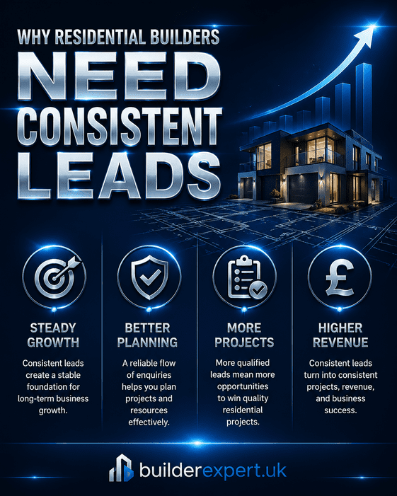 Professional vertical infographic explaining why residential builders need consistent leads, featuring dark navy-blue visuals, metallic typography, and key benefits such as steady growth, stronger planning, increased projects, and higher revenue.