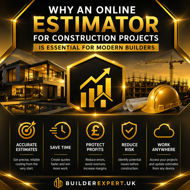 Why an Online Estimator for Construction Projects Is Essential for Modern Builders infographic featuring gold construction graphics, estimating software benefits, and UK residential project budgeting tools.