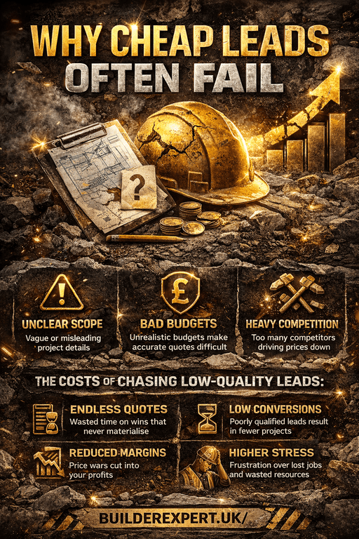 Why cheap construction leads fail infographic showing unclear scope, bad budgets, heavy competition, and low conversion rates for builders