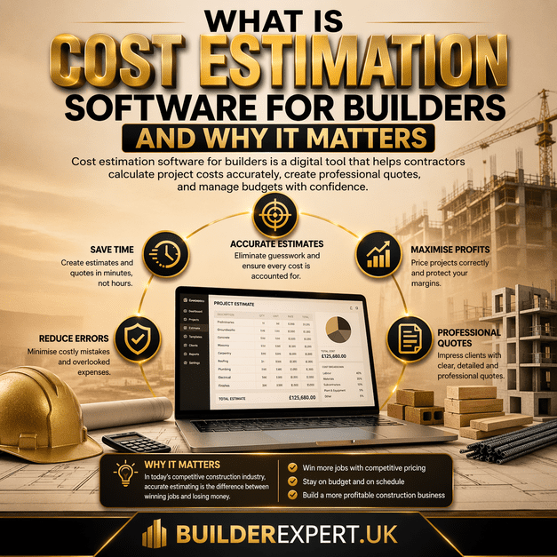 What is cost estimation software for builders infographic showing accurate estimates, time savings, reduced errors and improved profit margins in construction projects