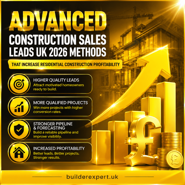 Professional yellow and gold construction infographic showing advanced construction sales leads UK 2026 methods that increase residential construction profitability through stronger lead quality, healthier project pipelines, improved forecasting, and higher revenue growth.
