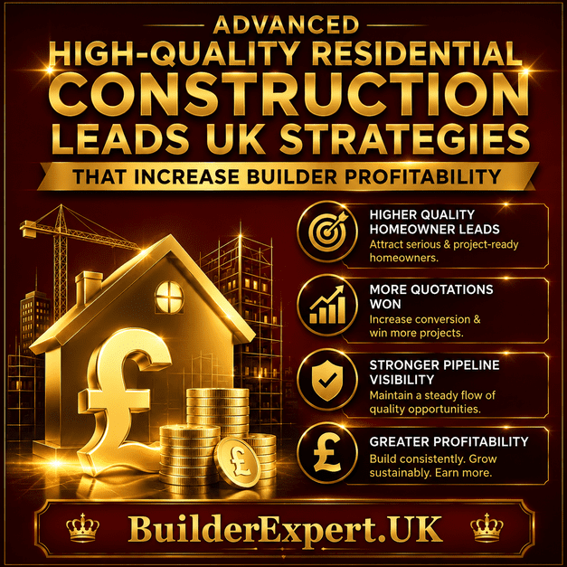 Professional burgundy and gold construction infographic highlighting advanced high-quality residential construction leads UK strategies that improve homeowner targeting, increase quotation opportunities, strengthen project pipeline visibility, and increase long-term builder profitability.