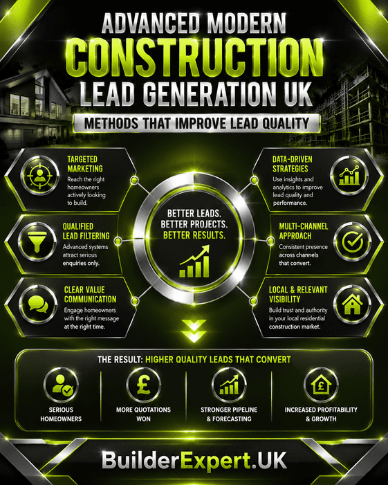 Professional dark pistachio green and black construction infographic highlighting advanced modern construction lead generation UK methods that improve lead quality, increase quotation opportunities, strengthen forecasting visibility, and improve long-term residential construction profitability.