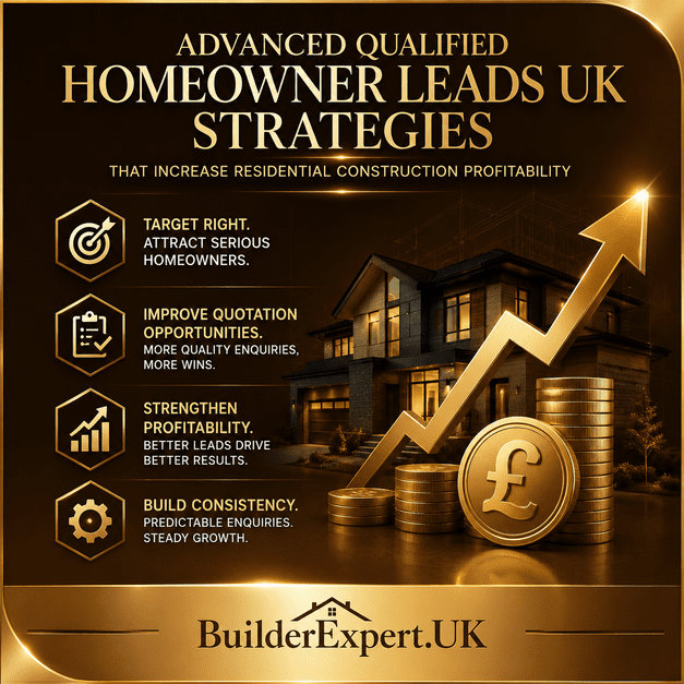 Luxury construction infographic highlighting advanced qualified homeowner leads UK strategies that improve homeowner targeting, quotation opportunities, project pipeline stability, and residential construction profitability through premium lead-generation systems.