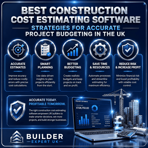 Best_Construction_Cost_Estimating_Software_Strategies_50 Professional blue and silver construction infographic about construction cost estimating software strategies for accurate project budgeting in the UK, featuring budgeting, estimating, planning, and profit improvement visuals by Builder Expert UK.