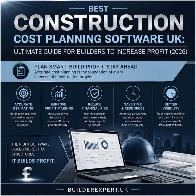 Infographic showing construction cost planning software benefits for UK builders including cost control, profit improvement, and real-time project tracking