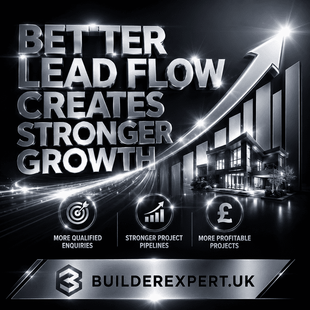 Professional dark silver construction infographic showing how better lead flow creates stronger growth through more qualified enquiries, stronger project pipelines, and more profitable residential construction projects.