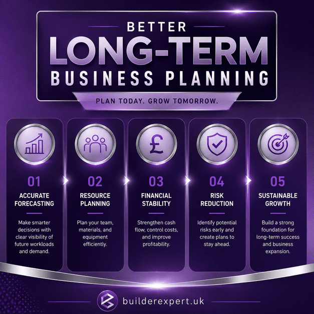 Professional purple and silver infographic showing how better long-term business planning helps UK residential builders improve forecasting, strengthen financial stability, reduce risks, and support sustainable business growth.