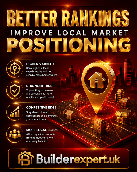 Professional red and gold construction infographic showing how better rankings improve local market positioning through higher visibility, stronger trust, competitive advantages, and more qualified local residential leads.