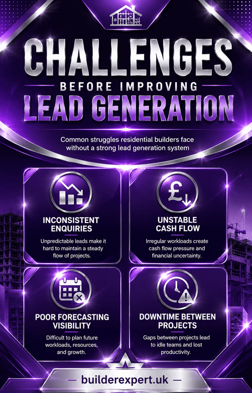 Professional glossy purple and silver infographic showing the challenges residential builders face before improving lead generation, including inconsistent enquiries, unstable cash flow, poor forecasting visibility, and downtime between projects.
