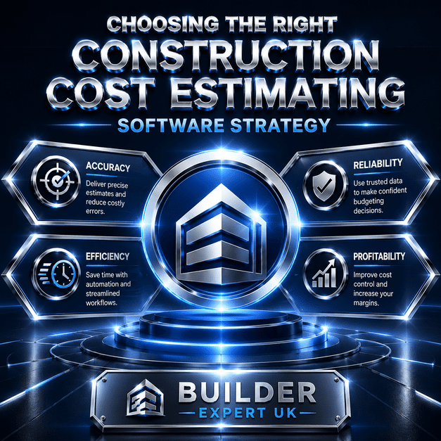 Choosing_the_Right_Construction_Cost_Estimating_Software_Strategy_50 Professional blue and silver construction infographic about choosing the right construction cost estimating software strategy, featuring accuracy, efficiency, reliability, and profitability concepts by Builder Expert UK.