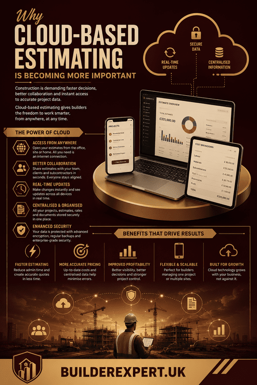 Cloud-based estimating infographic showing how builders improve project collaboration, pricing accuracy, remote access, budgeting control, and workflow efficiency using modern construction estimating software.