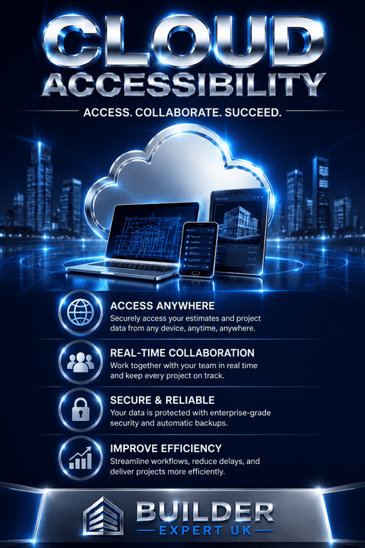 Cloud_Accessibility_50 Professional blue and silver cloud accessibility infographic for construction estimating software, featuring secure remote access, real-time collaboration, efficiency, and cloud-based project management by Builder Expert UK.