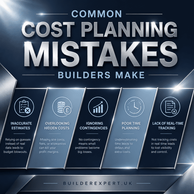 Infographic showing common construction cost planning mistakes UK builders make including inaccurate estimates, hidden costs, and lack of real-time tracking