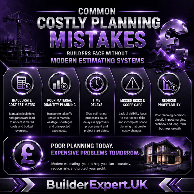 Professional dark purple and black construction infographic showing common costly planning mistakes builders face without modern estimating systems, including inaccurate estimates, procurement delays, reduced profitability, forecasting instability, and operational inefficiency.