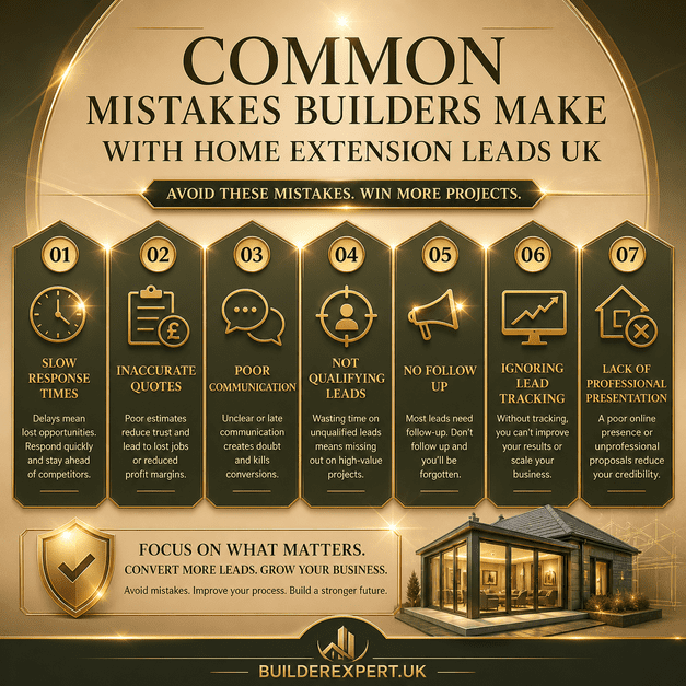 Infographic showing common mistakes builders make with home extension leads UK including slow response, poor communication, and inaccurate pricing
