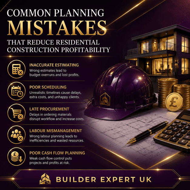 Professional dark aubergine and gold construction infographic showing common planning mistakes that reduce residential construction profitability, including inaccurate estimating, poor scheduling, late procurement, labour mismanagement, and poor cash flow planning.