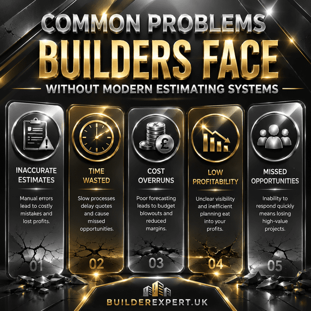 Professional dark grey and metallic construction infographic showing common problems builders face without modern estimating systems, including inaccurate estimates, cost overruns, low profitability, operational delays, and missed residential project opportunities.