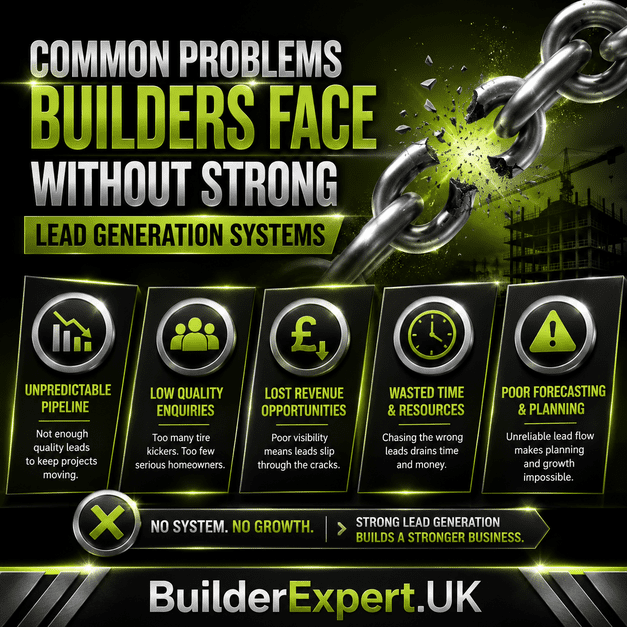 Professional dark pistachio green and black construction infographic highlighting common problems builders face without strong lead generation systems, including poor forecasting, inconsistent enquiries, lost revenue opportunities, operational inefficiency, and unstable residential project pipelines.