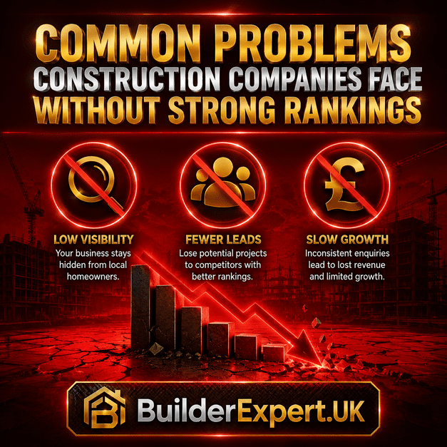 Professional dark red and gold construction infographic showing common problems construction companies face without strong rankings, including fewer visitors, lower-quality leads, and slower business growth.