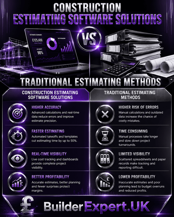 Professional dark purple and black construction infographic comparing construction estimating software solutions with traditional estimating methods, highlighting forecasting accuracy, faster quotations, operational visibility, budgeting control, and improved residential construction profitability.