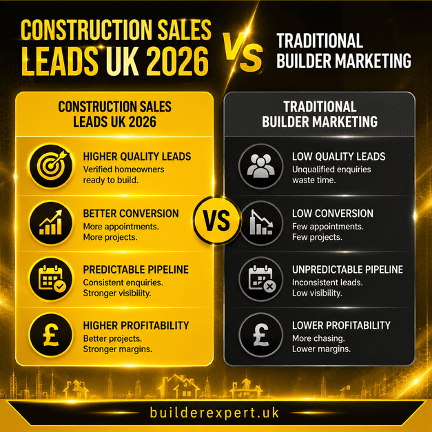 Professional yellow and gold construction infographic comparing construction sales leads UK 2026 systems with traditional builder marketing, highlighting stronger lead quality, higher conversions, predictable project pipelines, and improved residential profitability.