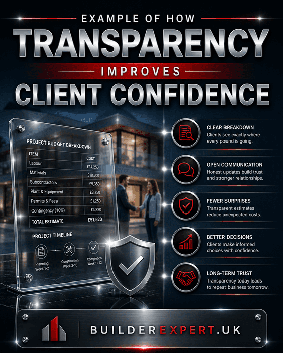 Infographic showing how transparency in construction projects improves client confidence through clear pricing, communication, and cost visibility